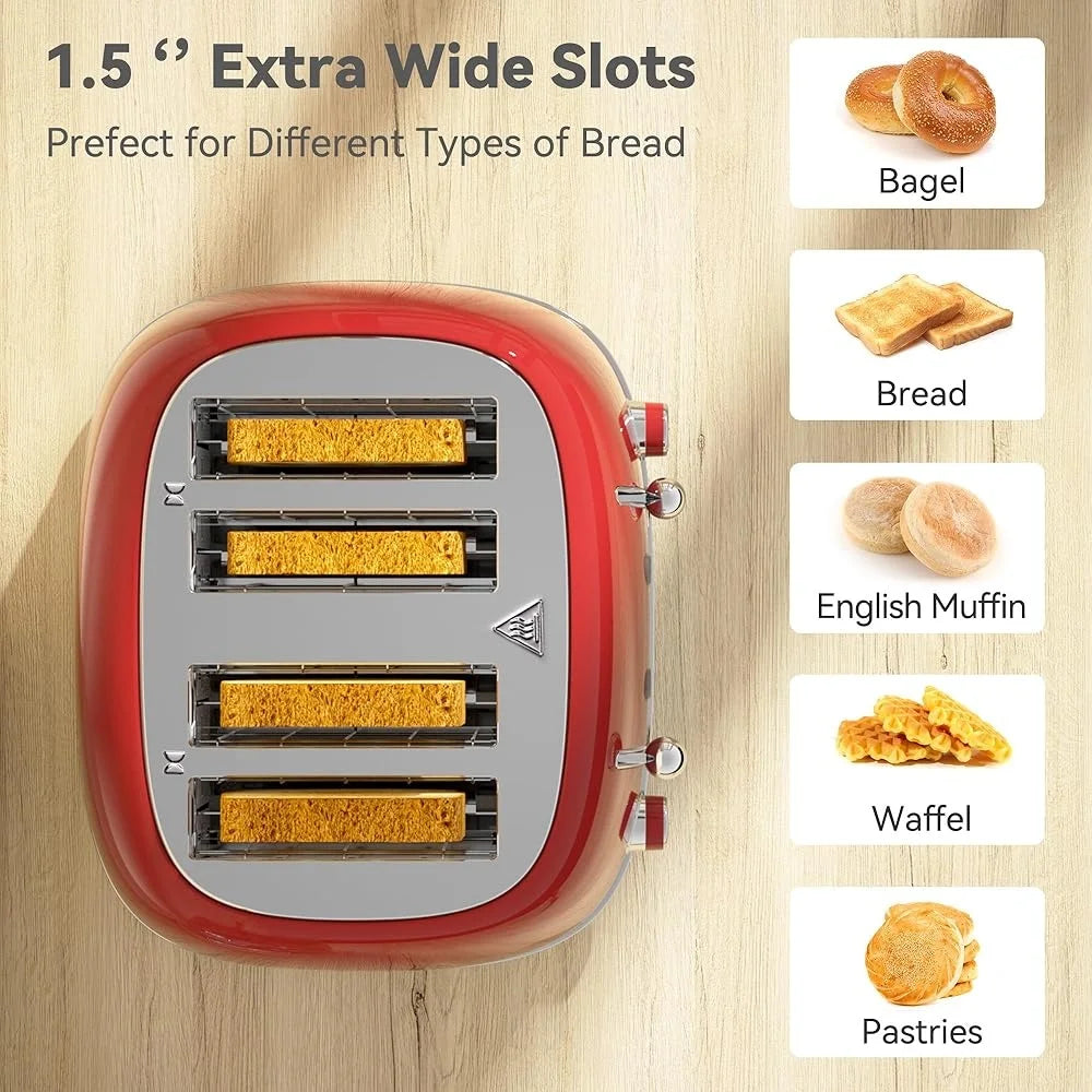 4 Slice Toaster Retro Design Stainless Steel 1.5 Inch Slots 6 Levels Dual Independent Controls Easy Clean Crumb Tray
