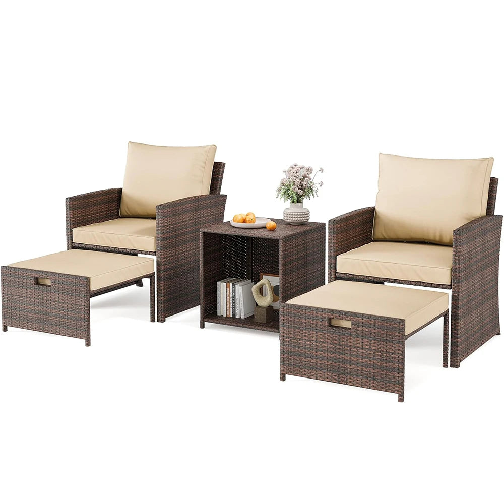 5-Piece All-Weather Pe Rattan Patio Set, Wi High Back Chair with 2 Ottomans & Table, Soft Cushions For Garden & Porch