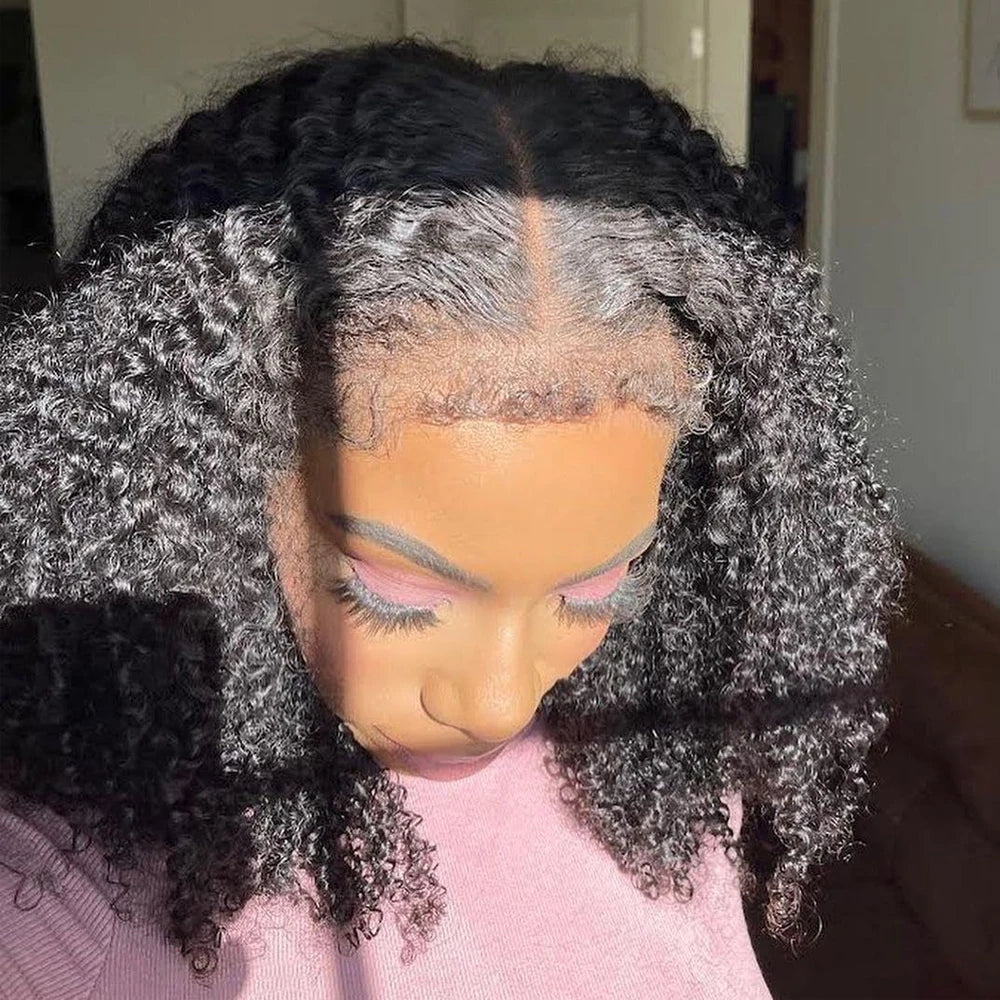 Short Bob Kinky Curly Human Hair Frontal Wig 4C Edges  Closure