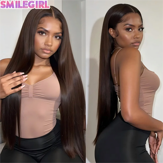 Chocolate Brown Human Hair Wig Colored Straight 13X6 Hd Lace Frontal Wig
