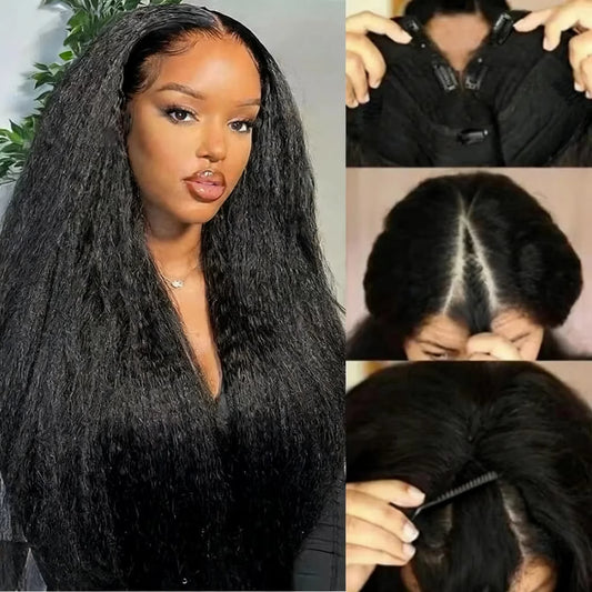 30 32 Inch Long Kinky Straight U Part Wigs Human Hair Wigs V Part