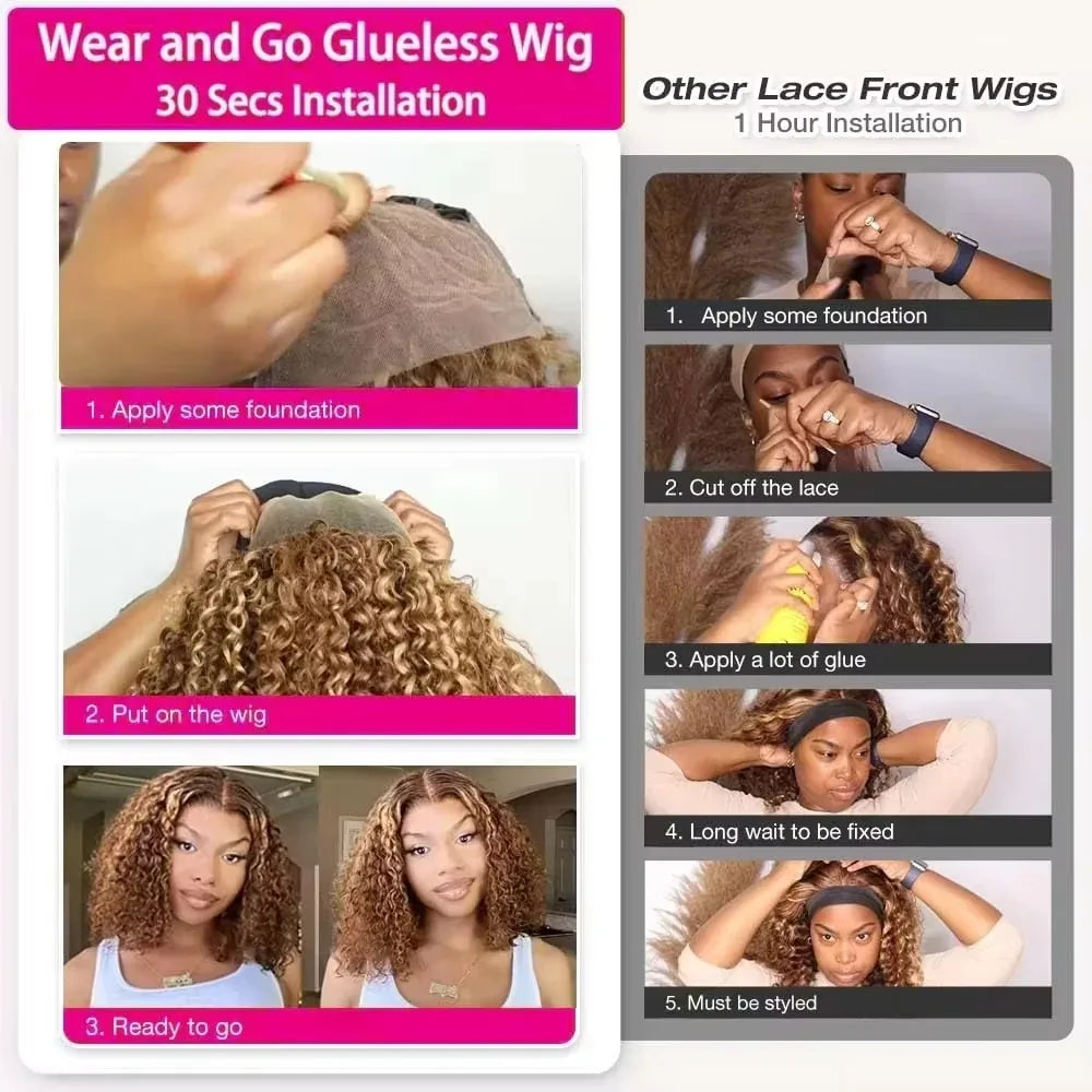 Curly Short Bob Wig Highlight 4/27 Honey Blonde Human Glueless