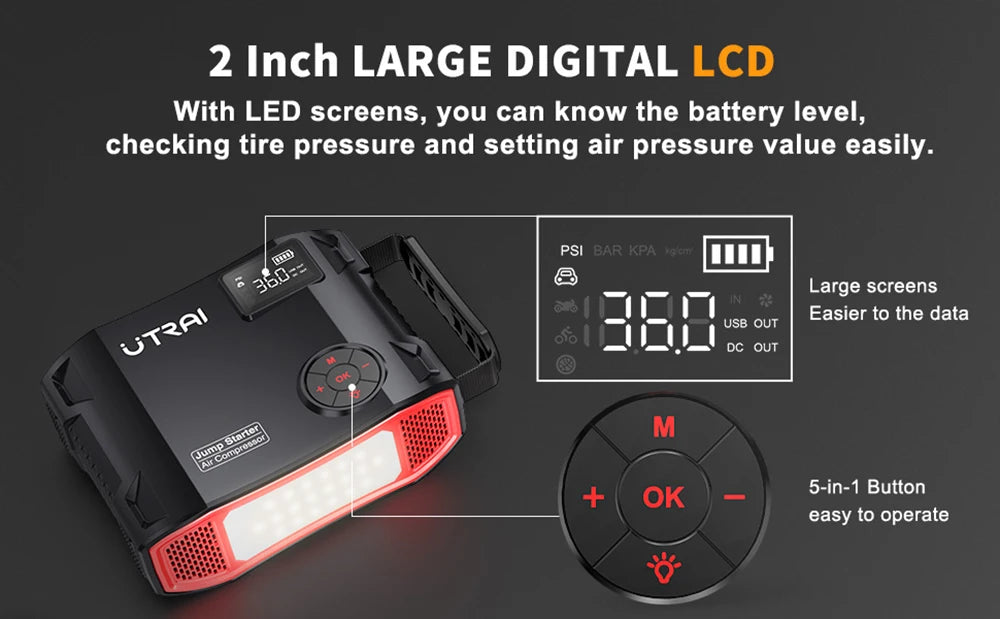 4 In 1 2000A Jump Starter Power Bank 16000mAh 150PSI Air Compressor