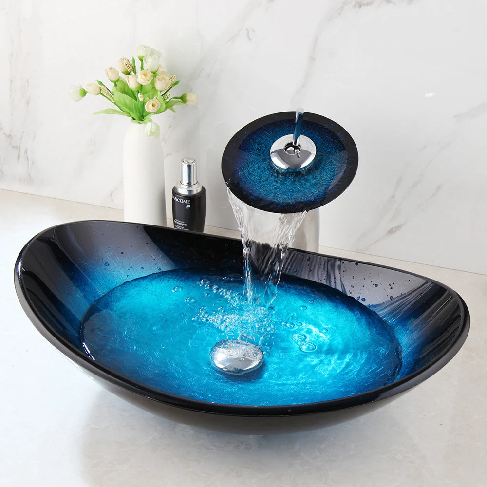 Tempered Glass Bathroom Vessel Sink with Waterfall Black Faucet