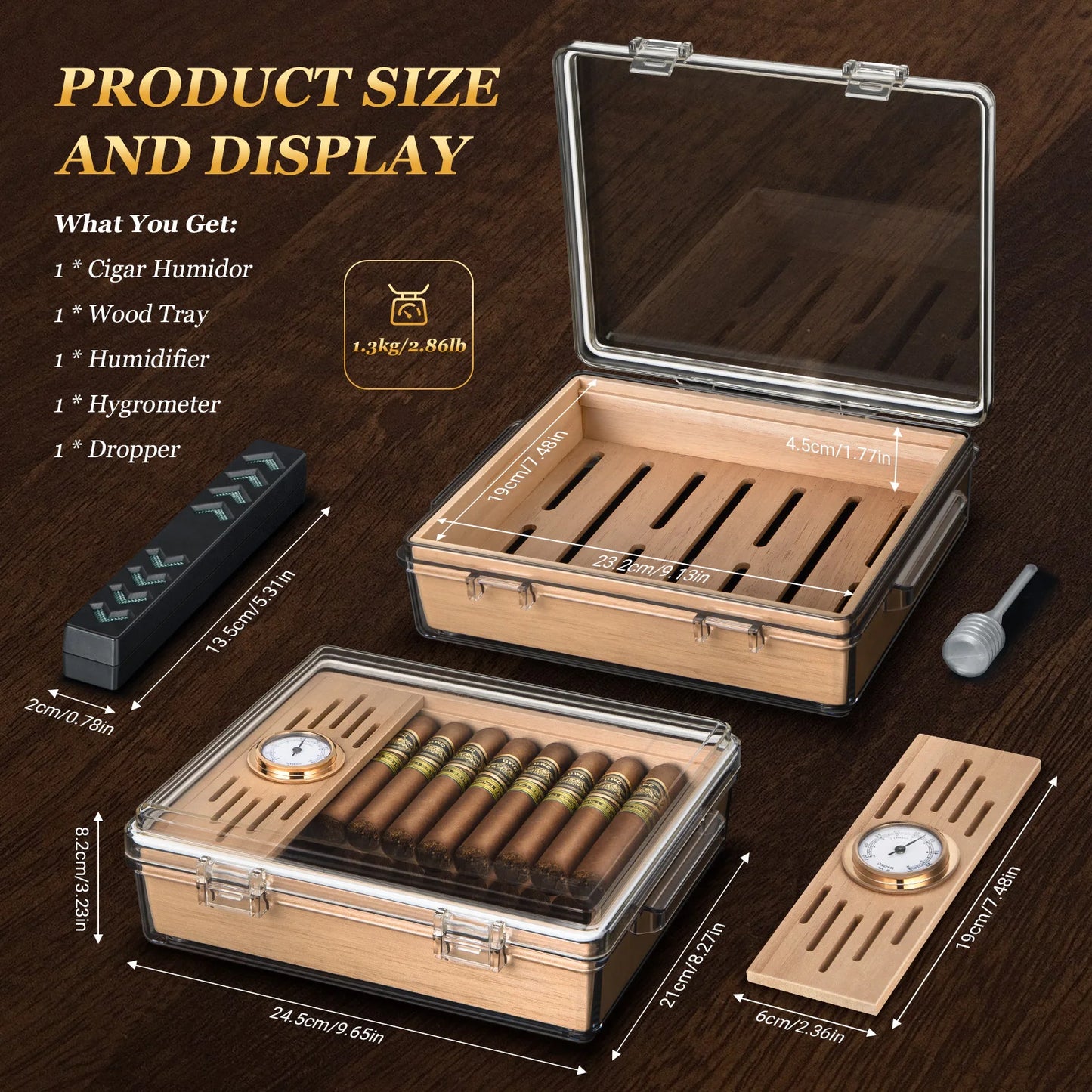 Acrylic Cigar Humidor, Clear Cigar Humidor Box with Hygrometer, Humidifier and Cedar Wood Tray, Can Hold About 20-30 Cigars