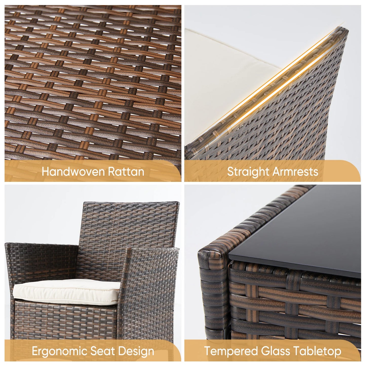 3 Pieces Outdoor Patio Furniture Set Manual Weaving Wicker Rattan Patio Chairs with Soft Cushion and Glass Table For Garden
