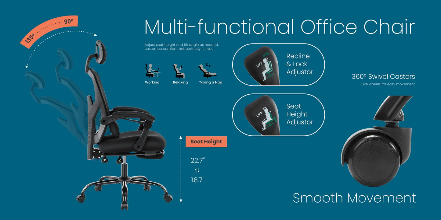 High Back Ergonomic Reclining Gaming Office Chair with Lumbar Support Pillow Meshair