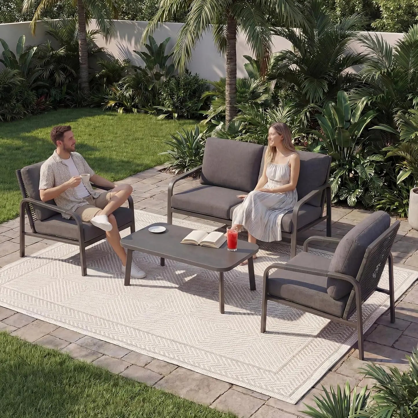 Aluminum Patio Furniture Set, 4 Pieces Outdoor Patio Furniture with Coffee Table Set,