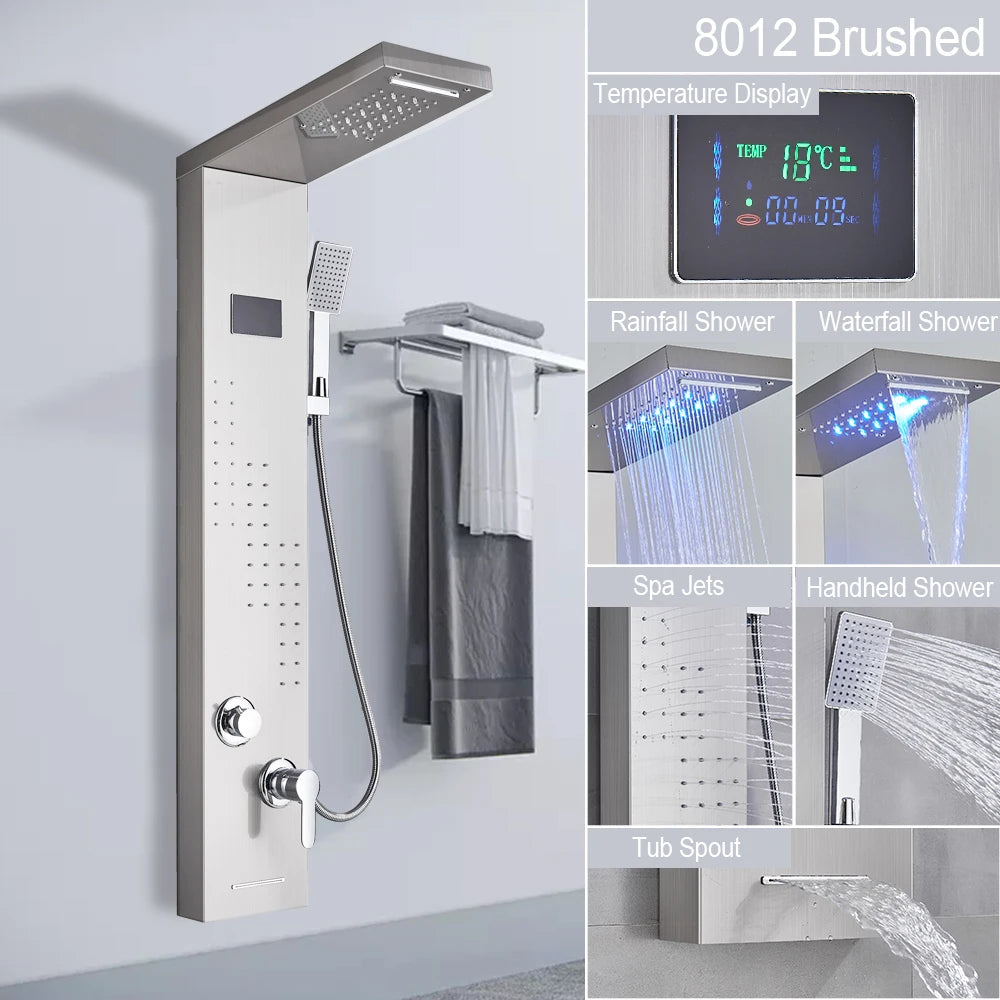LED Light Shower Panel Waterfall Rain Digital Display Shower Faucet Set