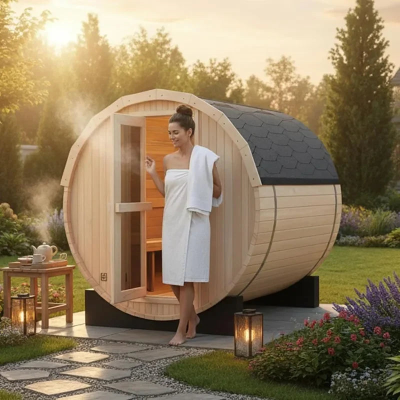 6x6FT Outdoor Barrel Sauna Room,  Family Sauna for 4-6 People with Electric Heater