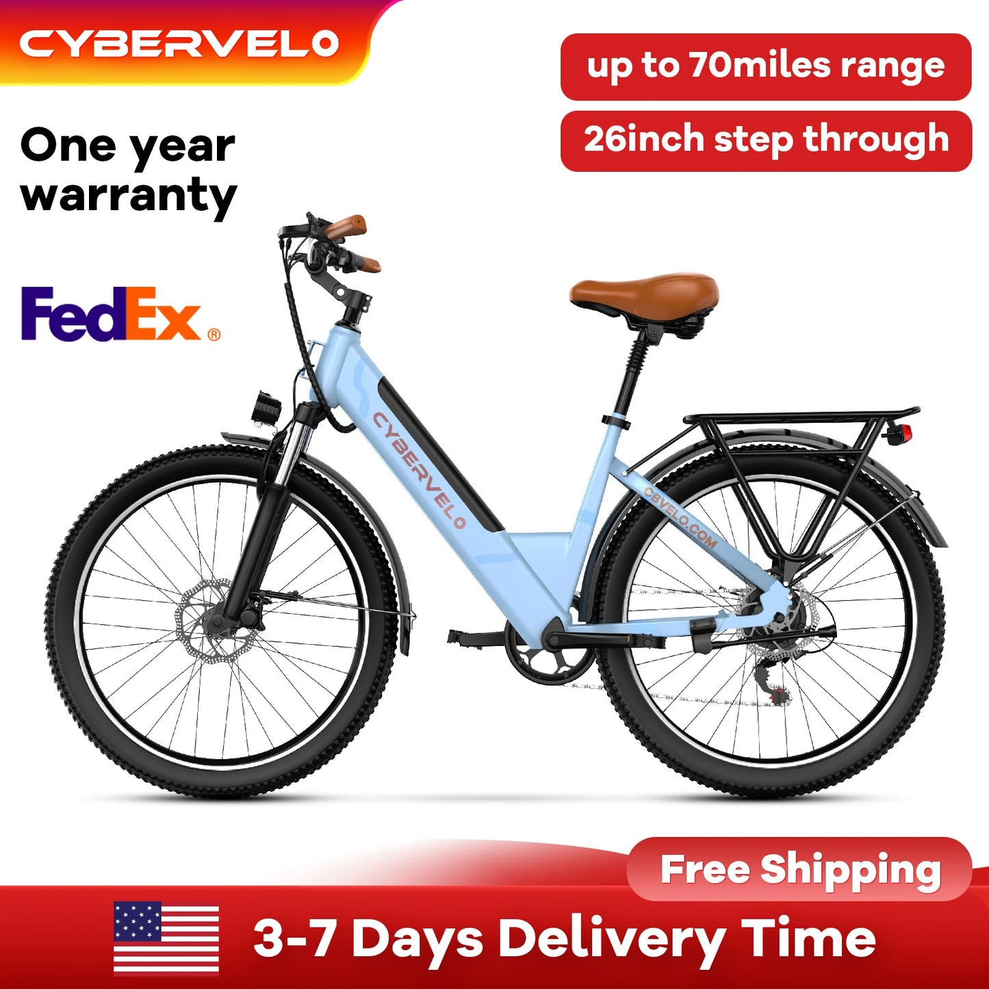 26" Step-Thru Electric Bike for Adult,1000w Peak Motor 80Miles Range,