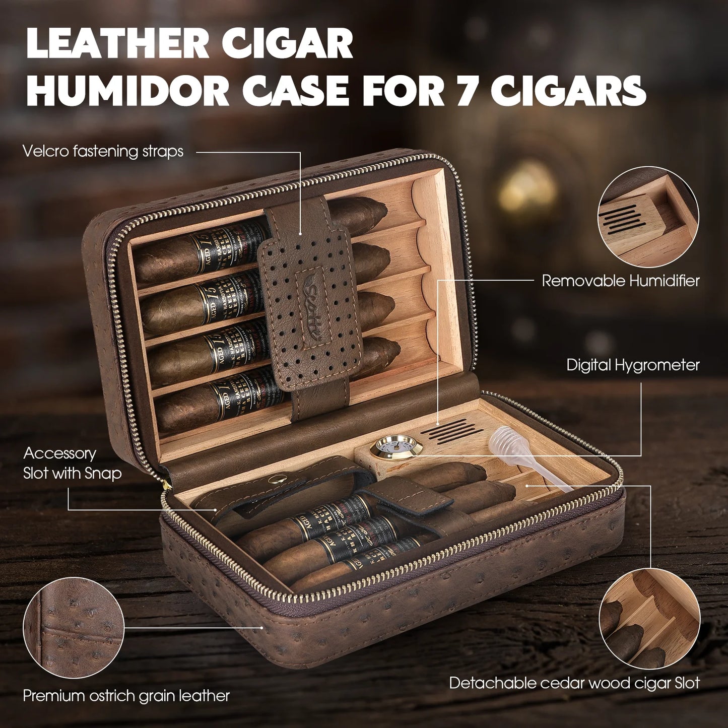 Cigar Humidor Box Cigar Lighter Cedar Wood Lined Leather Cigar Case