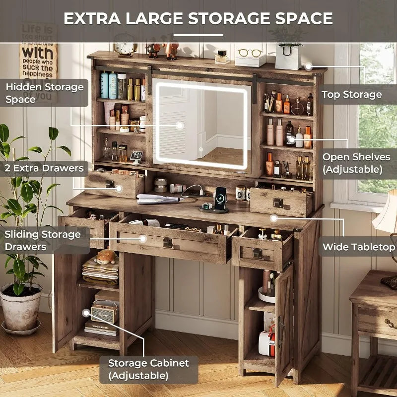 Vanity Desk with Lights, 47.2" Farmhouse Vanity Table with Sliding Mirror