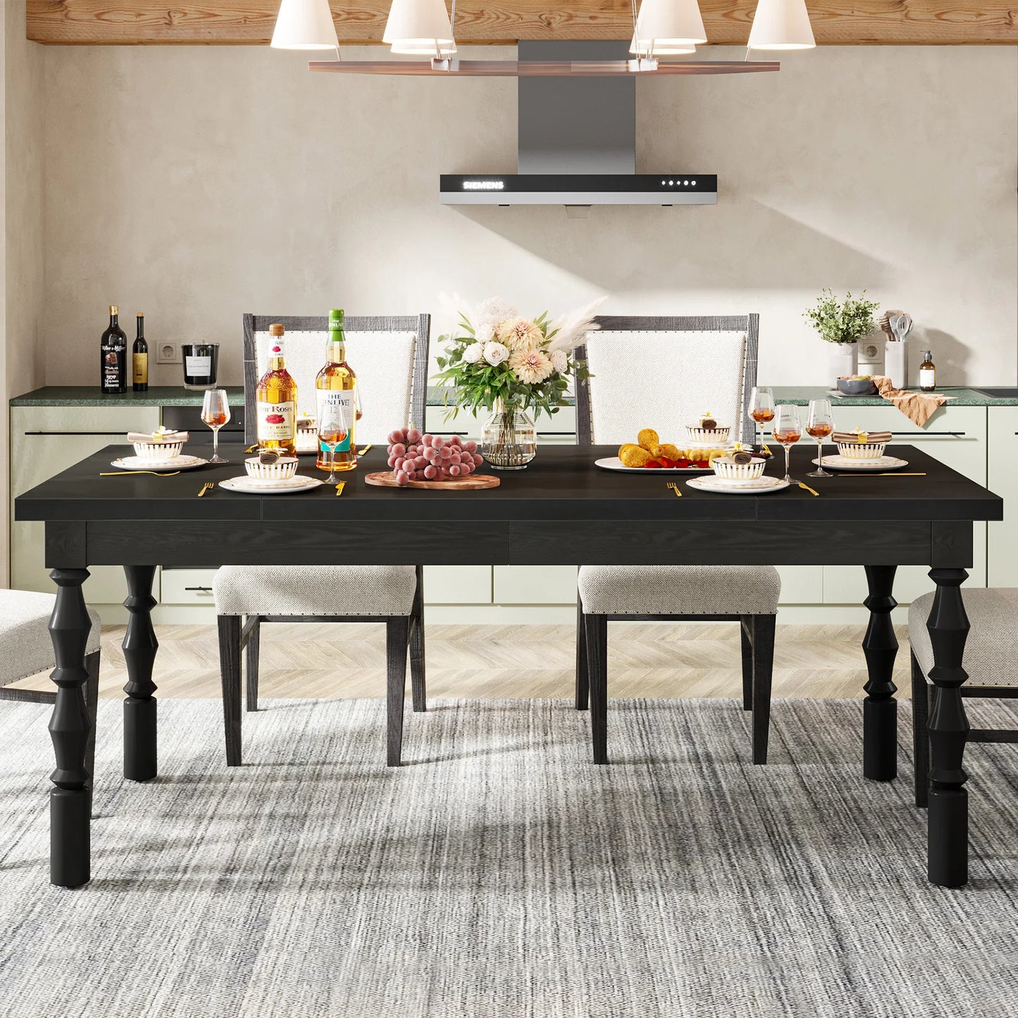62” Wood Patio Table for 4-6 People, Farmhouse Large Indoor