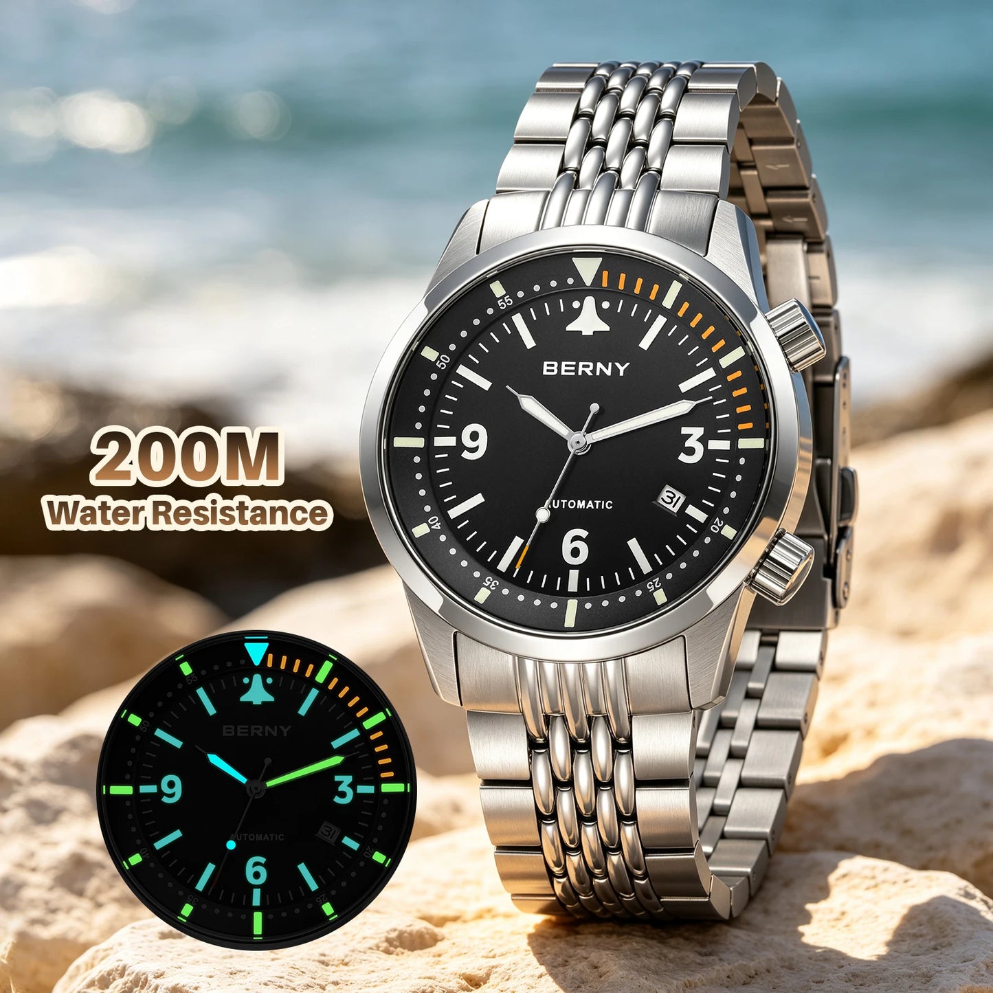 BERNY 20ATM Automatic Men's Diving Watches Top Luminous Sapphire AR Coated Diver Watches