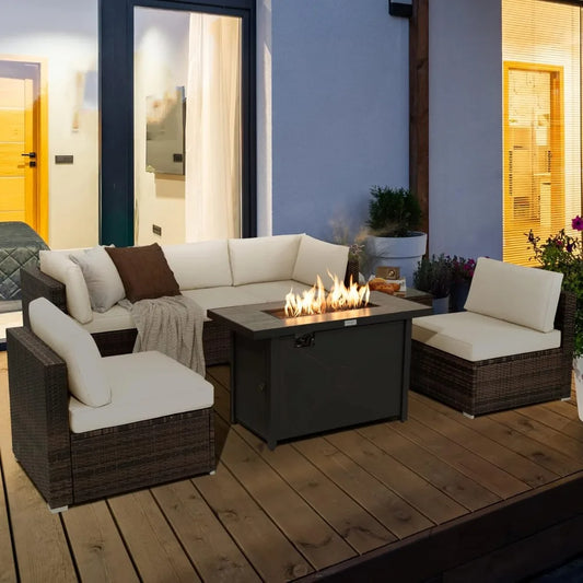 7 Piece Patio Furniture Set with Fire Pit Table, Includes  Fire Pit and Protective Cover,