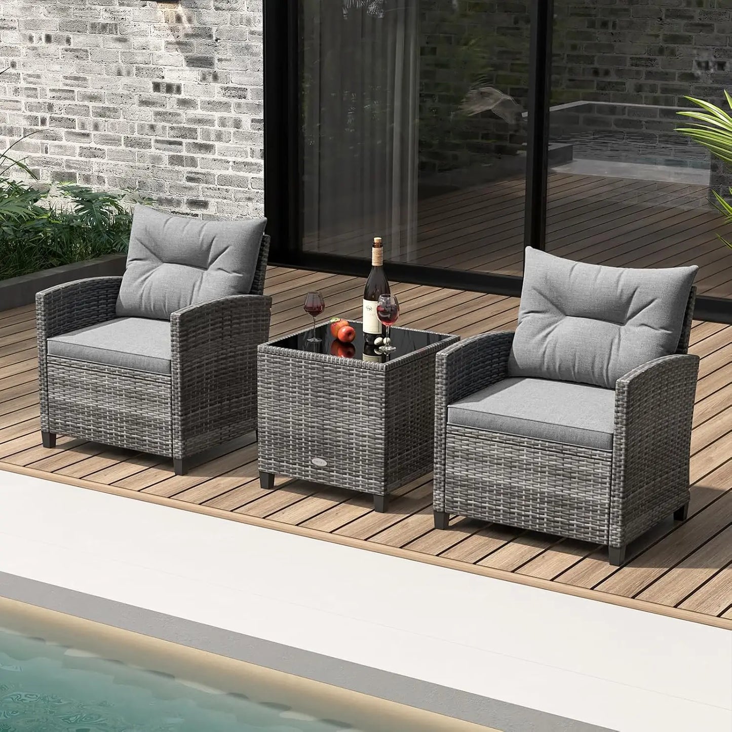 3 Piece Patio Furniture Set, Outdoor PE Rattan Conversation Set with Cushions &