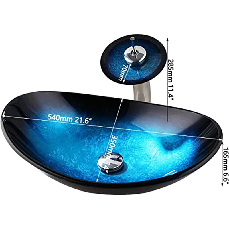 Tempered Glass Bathroom Vessel Sink with Waterfall Black Faucet
