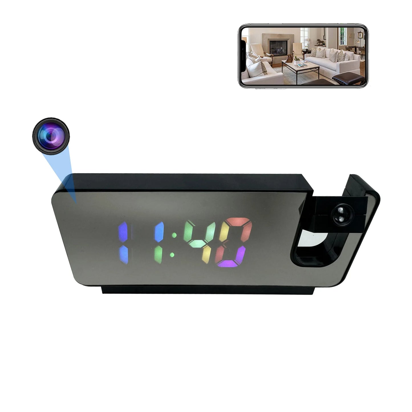 Projection Alarm Clock Camera with Wi-Fi, Motion Detection, Remote Viewing, Recording, Nanny Cam for Indoor Security