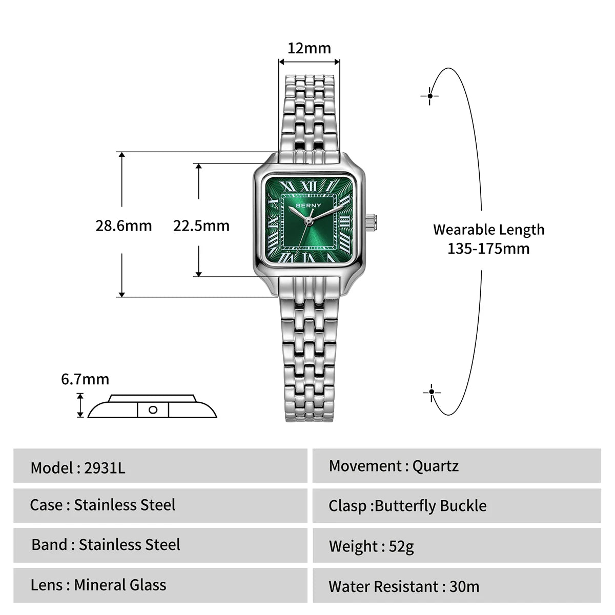 BERNY Square Ladies Watch Quartz Fashion and Exquisite Watch Woman Numeral Small Women's Waterproof New Jewelry Bracelet Women Watch