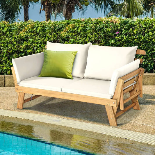Convertible Acacia Wood Patio Couch Sofa Bed with Adjustable Armrest, Outdoor Daybed with Cushion & Pillows,