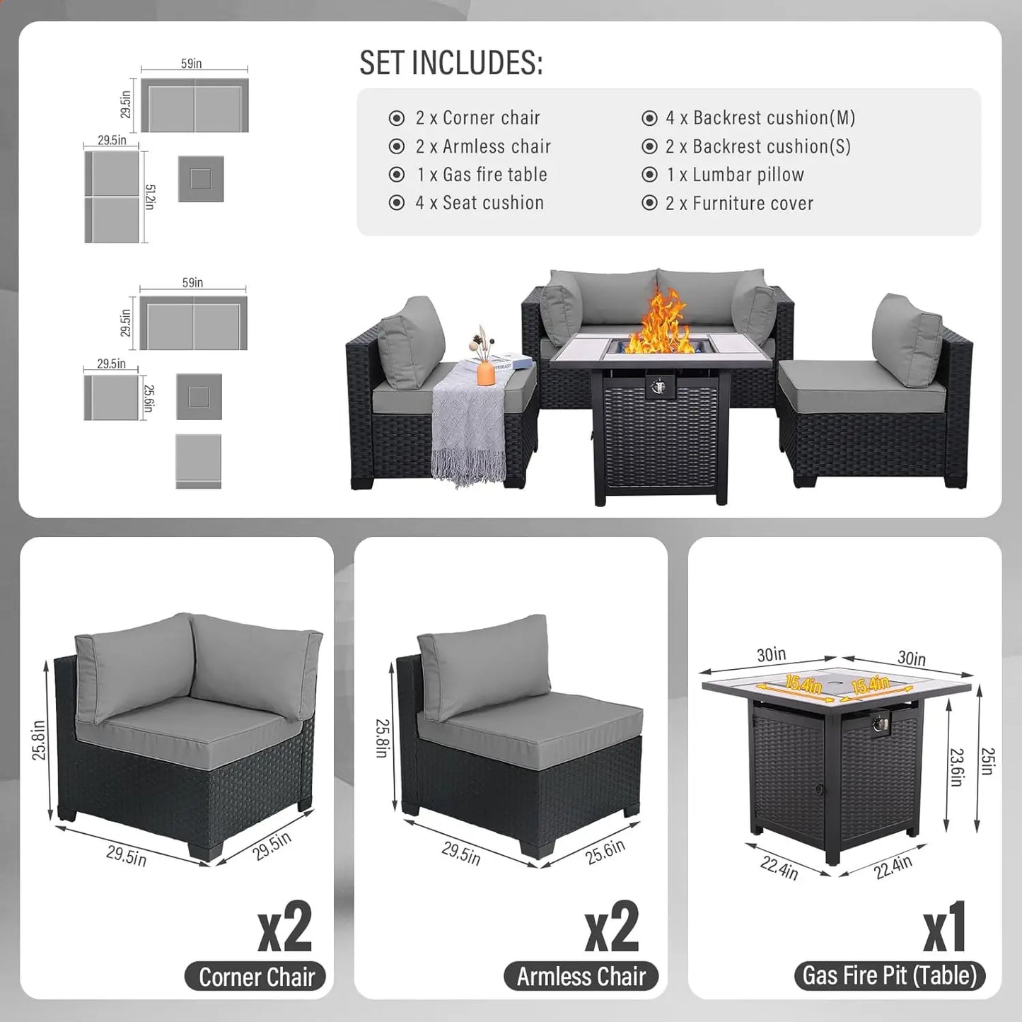 5 Piece Black Rattan Sectional Sofa Set with Propane Fire Pit Table