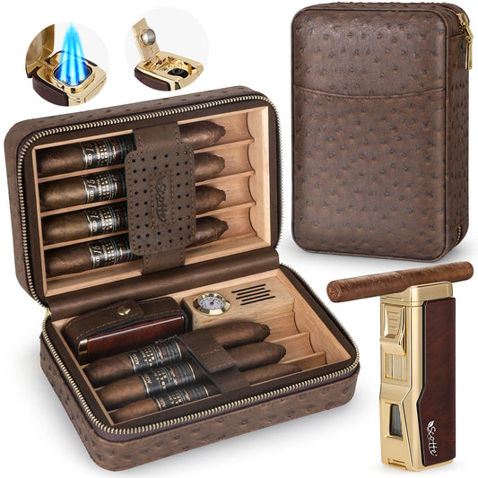 Cigar Humidor Box Cigar Lighter Cedar Wood Lined Leather Cigar Case