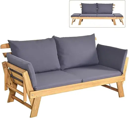 Convertible Acacia Wood Patio Couch Sofa Bed with Adjustable Armrest, Outdoor Daybed with Cushion & Pillows,