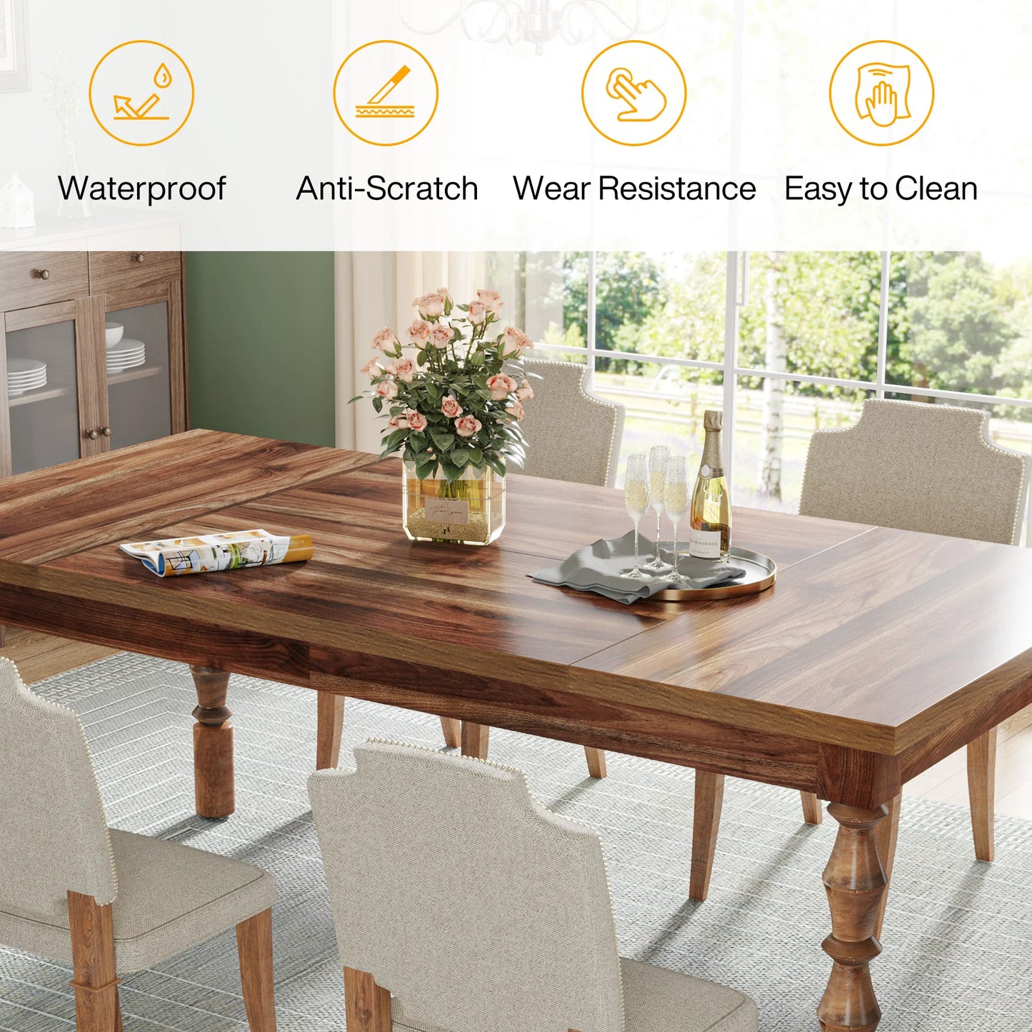 62” Wood Patio Table for 4-6 People, Farmhouse Large Indoor