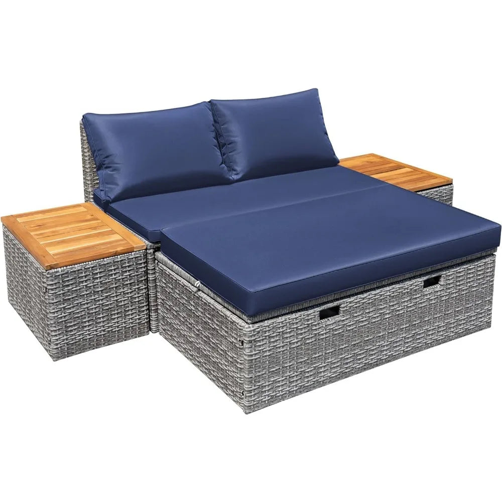 Patio Day Bed Outdoor Daybed Set Multifunctional Rattan Lounge Bed with 2 Side Tables