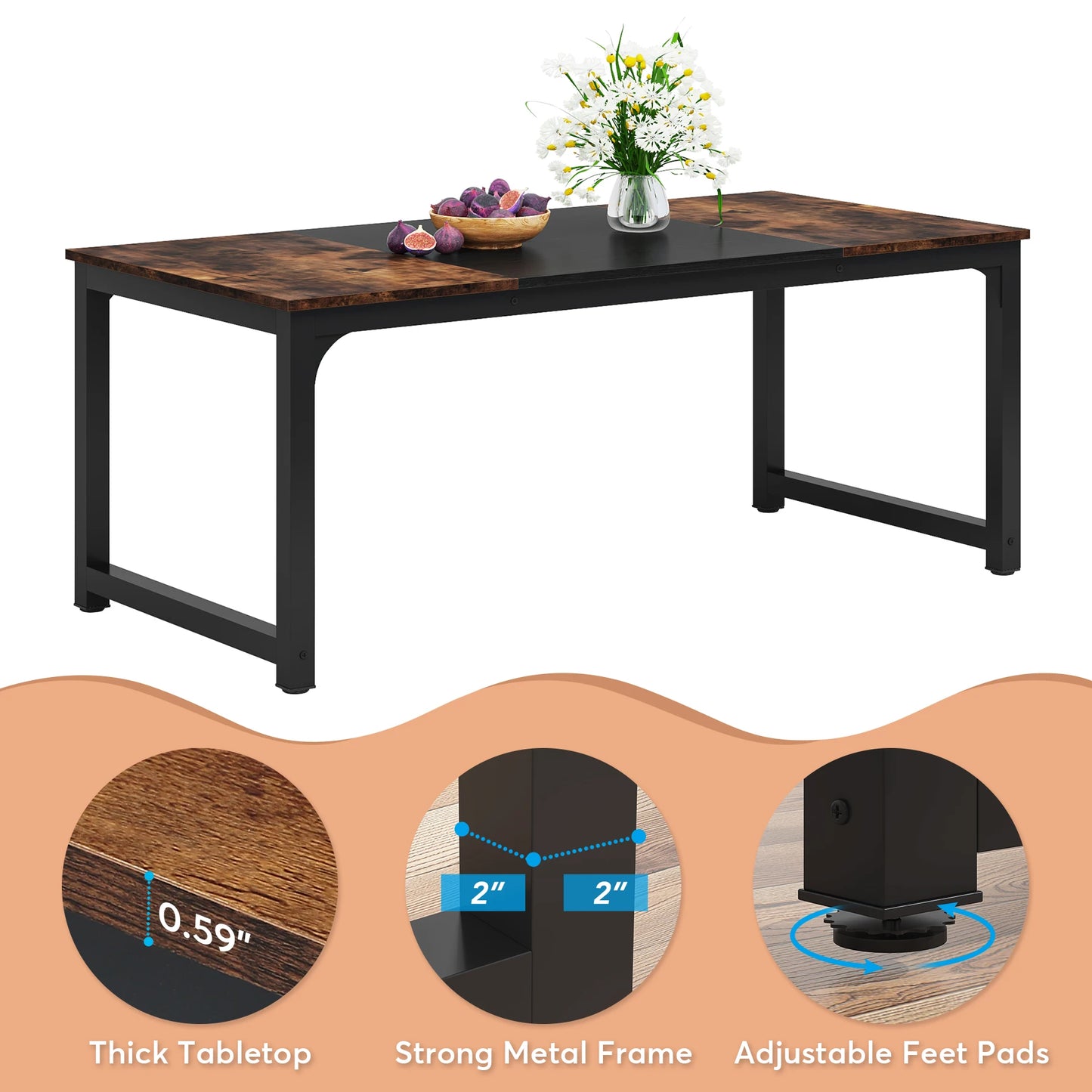 Dining Table, Industrial Kitchen Table for 6-8 Person,