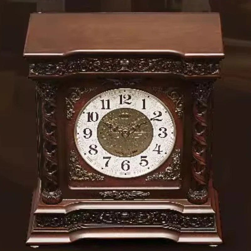 Solid Wood Table Clock Retro Silent Hourly Chime Desk