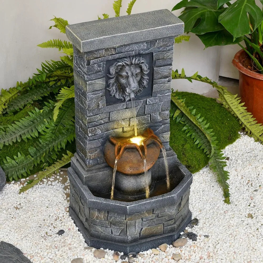 Outdoor Garden Floor-Standing Water Fountain Lion Head Stone