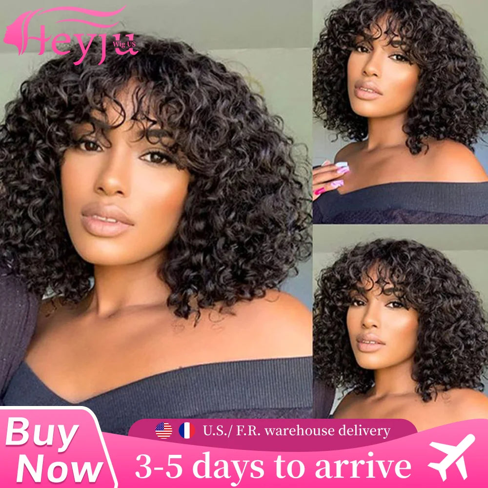 Bob Wig Machine Made Curly Human Hair Wig With Bangs 3x1 Lace Closure Bob Wig