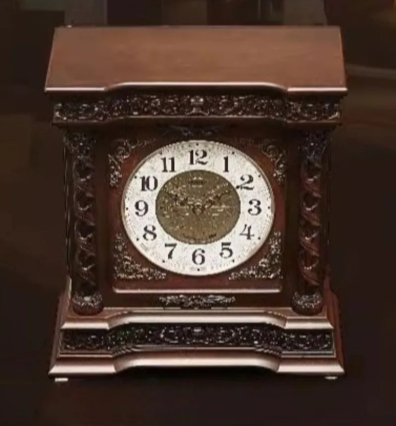 Solid Wood Table Clock Retro Silent Hourly Chime Desk