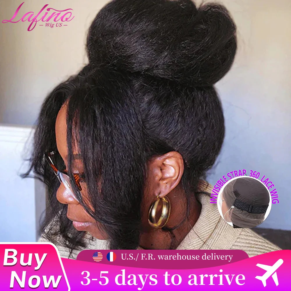 Wig Invisible Strap HD 360 Lace Front Wigs Human Hair Kinky Straight 250 Density
