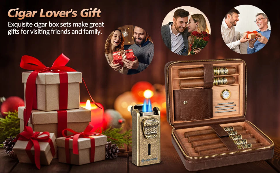 Leather Cigar Humidor with Cigar Lighter, Built-in Straight Cigar Cutter and Cigar Punch,