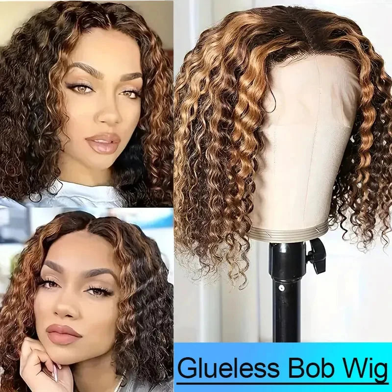 Curly Short Bob Wig Highlight 4/27 Honey Blonde Human Glueless
