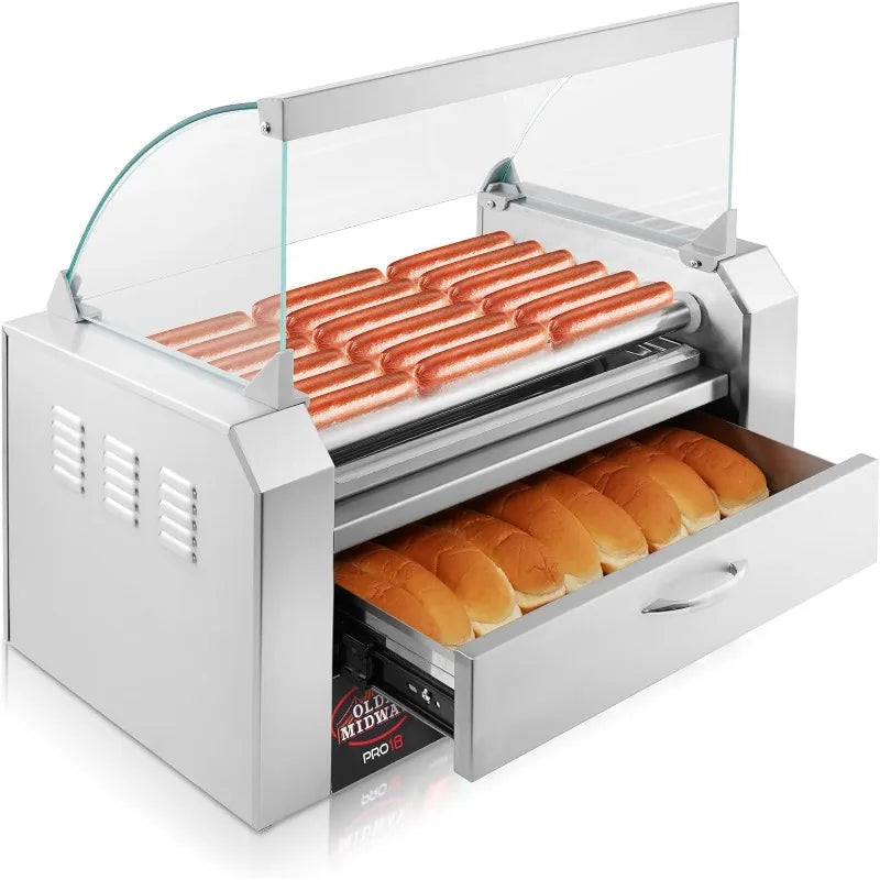 Electric 18 Hot Dog 7 Roller Grill Cooker Machine with Bun Warming Drawer