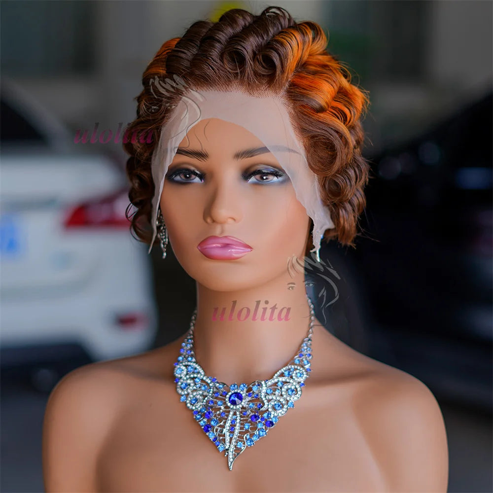 613 Blonde Pixie Cut Short Bob Loose Wave 100% Human Hair Wig Chocolate Brown