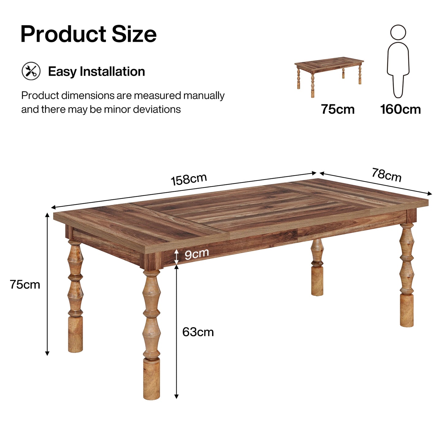 62” Wood Patio Table for 4-6 People, Farmhouse Large Indoor