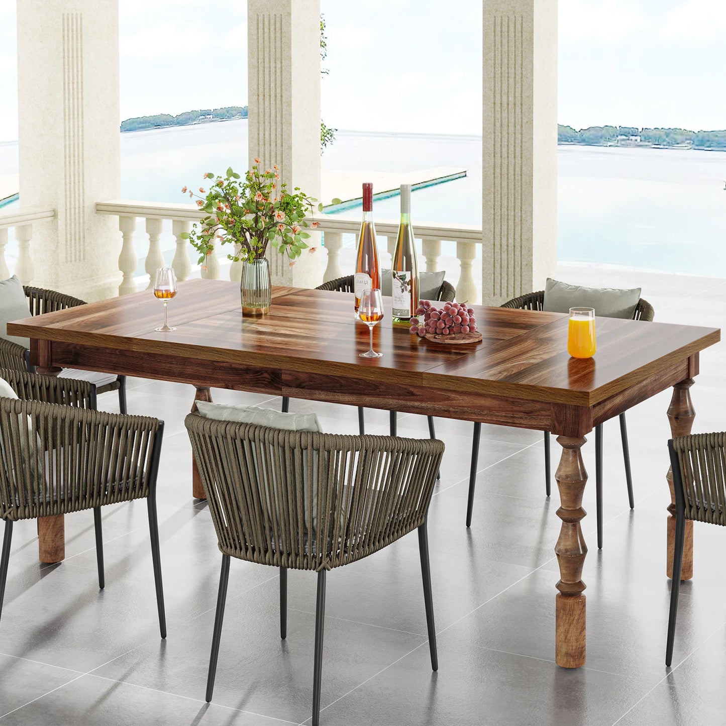 62” Wood Patio Table for 4-6 People, Farmhouse Large Indoor