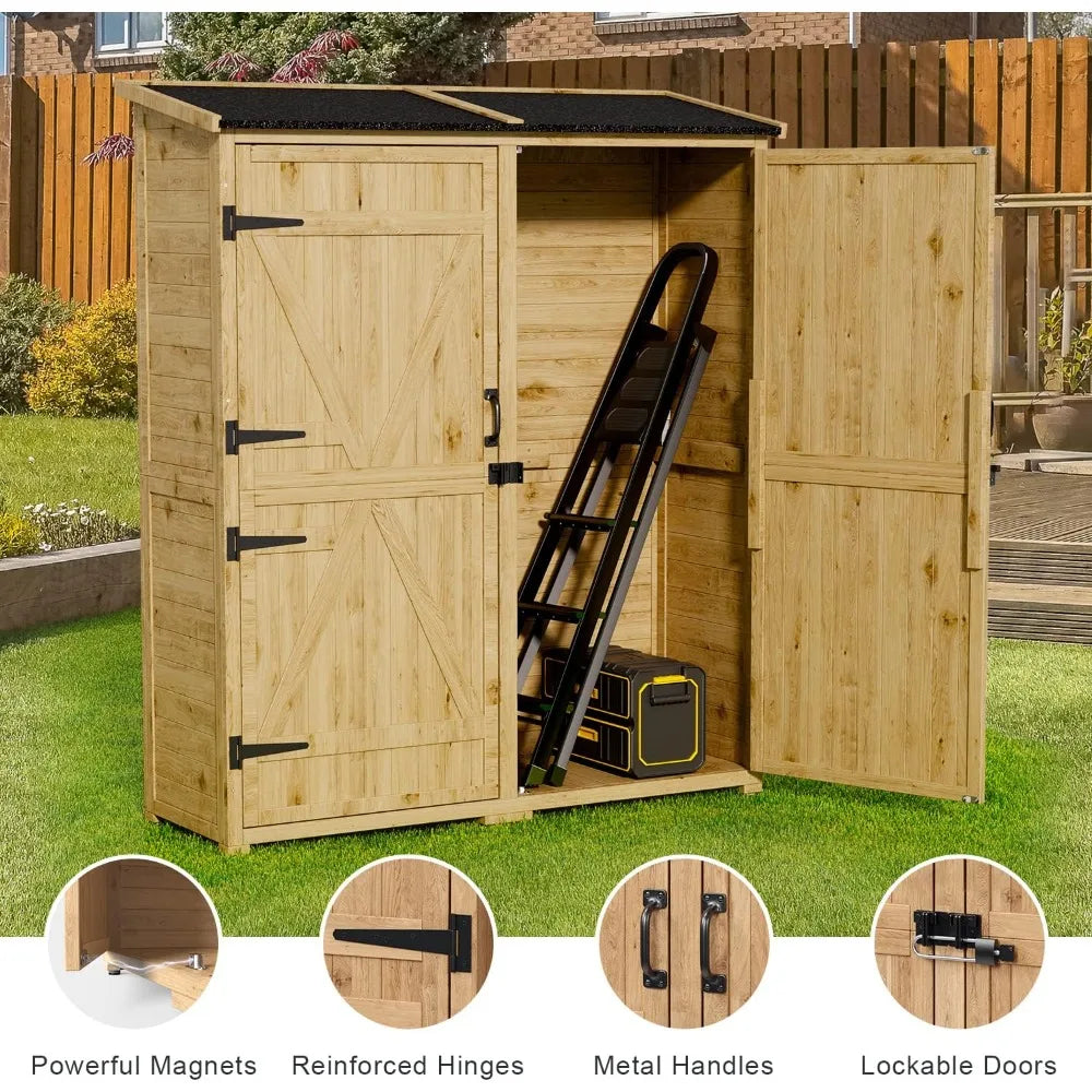Outdoor Wooden Storage Cabinet w/Waterproof Roof, Double Lockable Doors