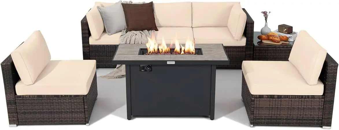 7 Piece Patio Furniture Set with Fire Pit Table, Includes  Fire Pit and Protective Cover,