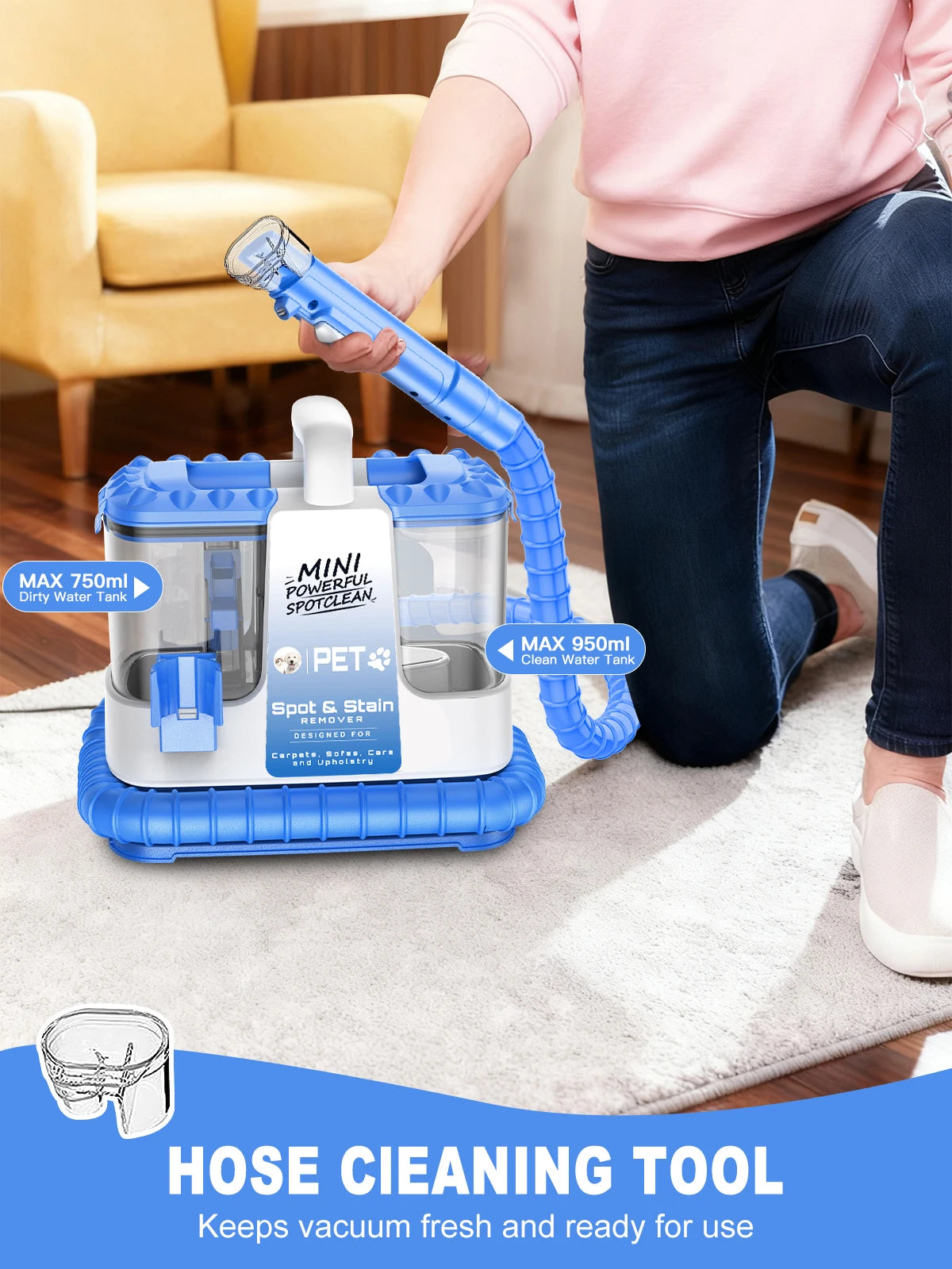 Carpet + Upholstery Cleaner Machine, 20Kpa Powerful Suction w/ 5 Cleaning Tools,