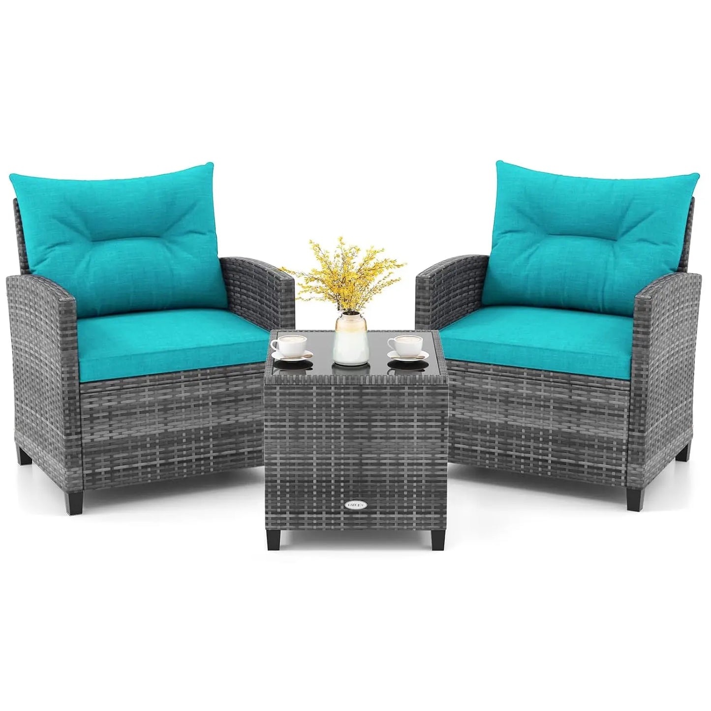 3 Piece Patio Furniture Set, Outdoor PE Rattan Conversation Set with Cushions &