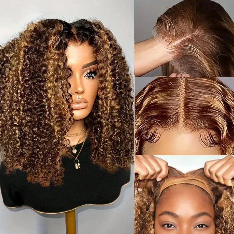 Curly Short Bob Wig Highlight 4/27 Honey Blonde Human Glueless