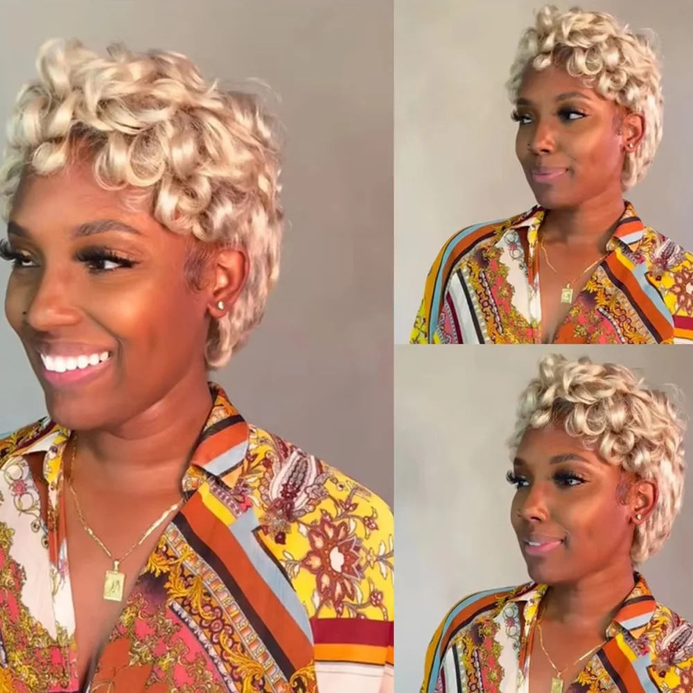 613 Blonde Pixie Cut Short Bob Loose Wave 100% Human Hair Wig Chocolate Brown