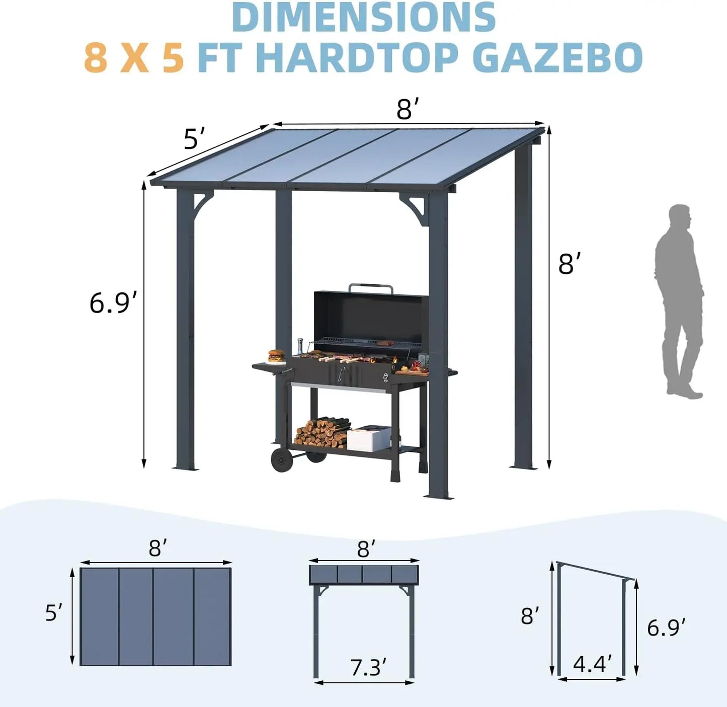 8' x 5' Grill Gazebo Outdoor Pergola for Patio, 5x8 Lean to Hard Top Grill Gazebo