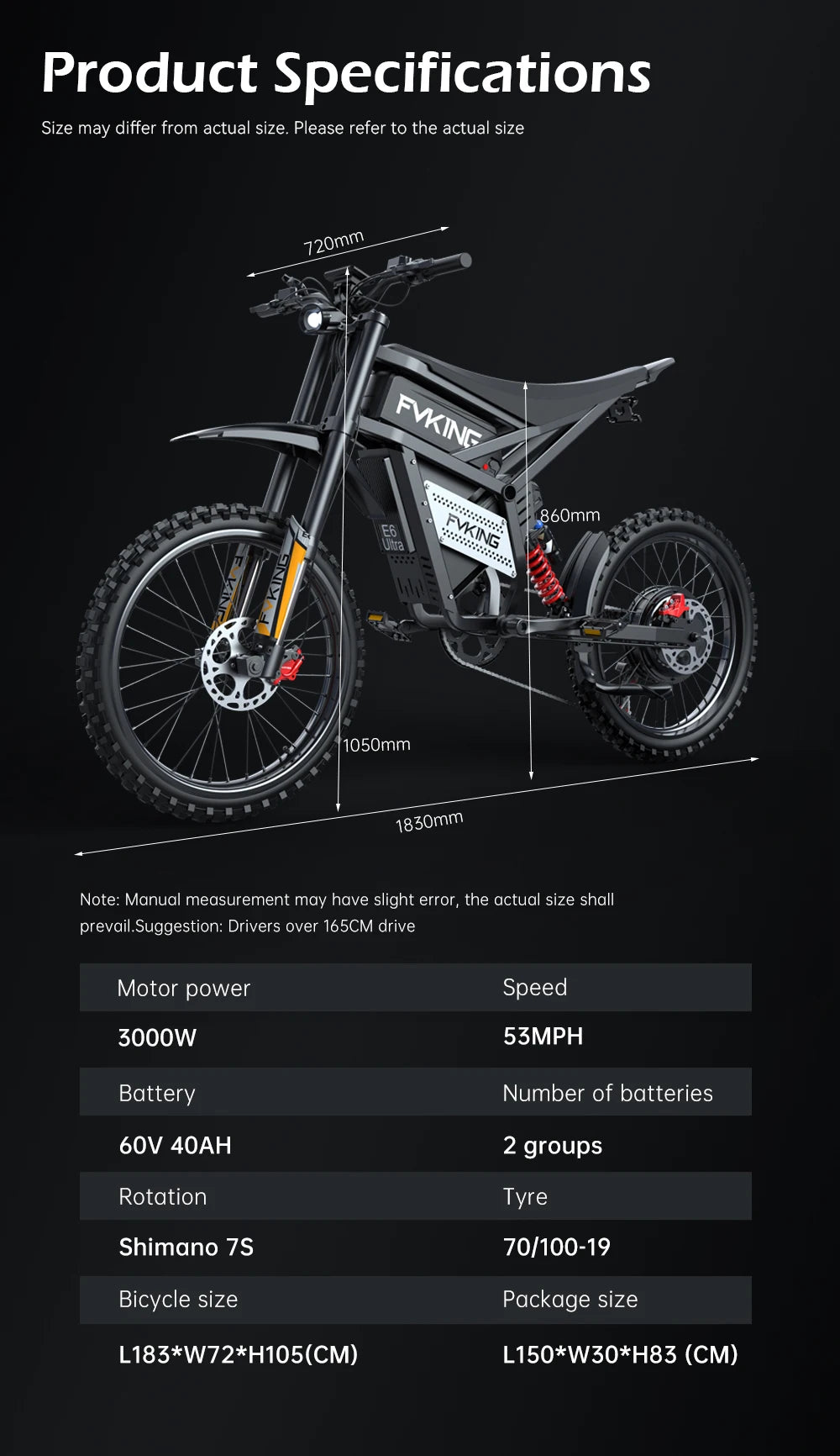 Electric Bike 6000W Peak Electric Dirt Bike 60V30AH Battery